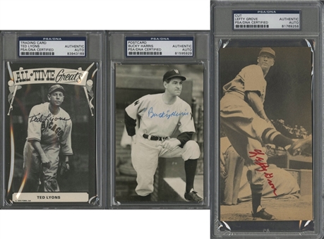 Lot of (3) Autographed Photograph Cuts - Ted Lyons, Bucky Harris and Lefty Grove (PSA/DNA)